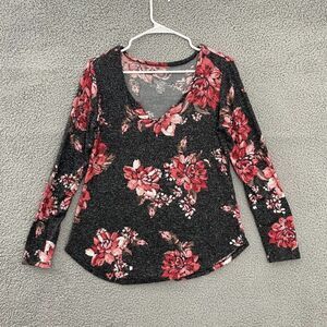 24/7‎ Maurices Women M Black Floral Long Sleeve Casual V-Neck Top